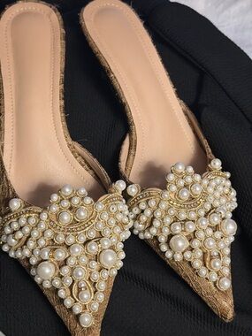 Pearl-Embellished Gold Pointed Slide Mules for Women
